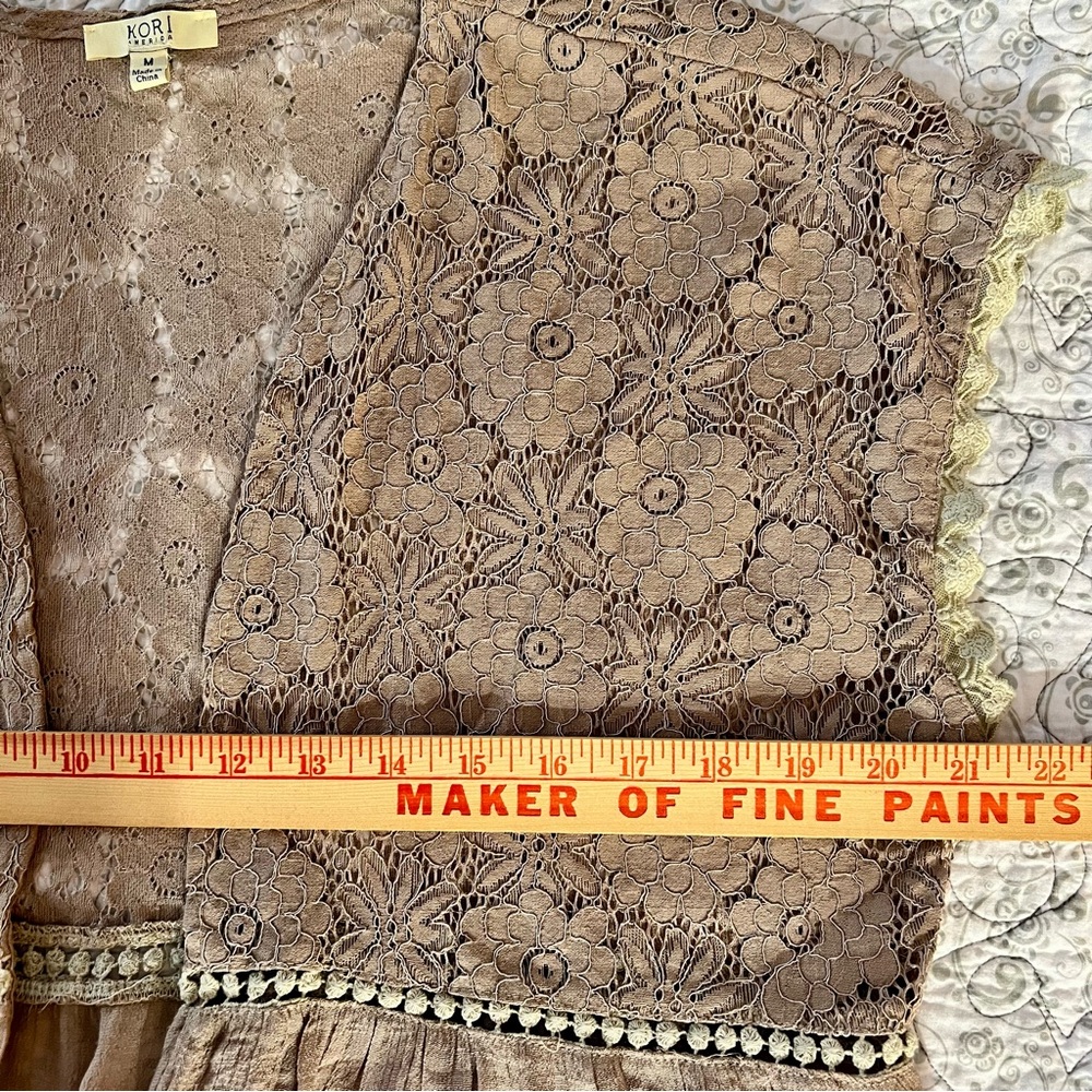 Kori Lace Bodice Flowy Taupe Maxi Vest Bohemian Cottagecore Perfection - Picture 4 of 8